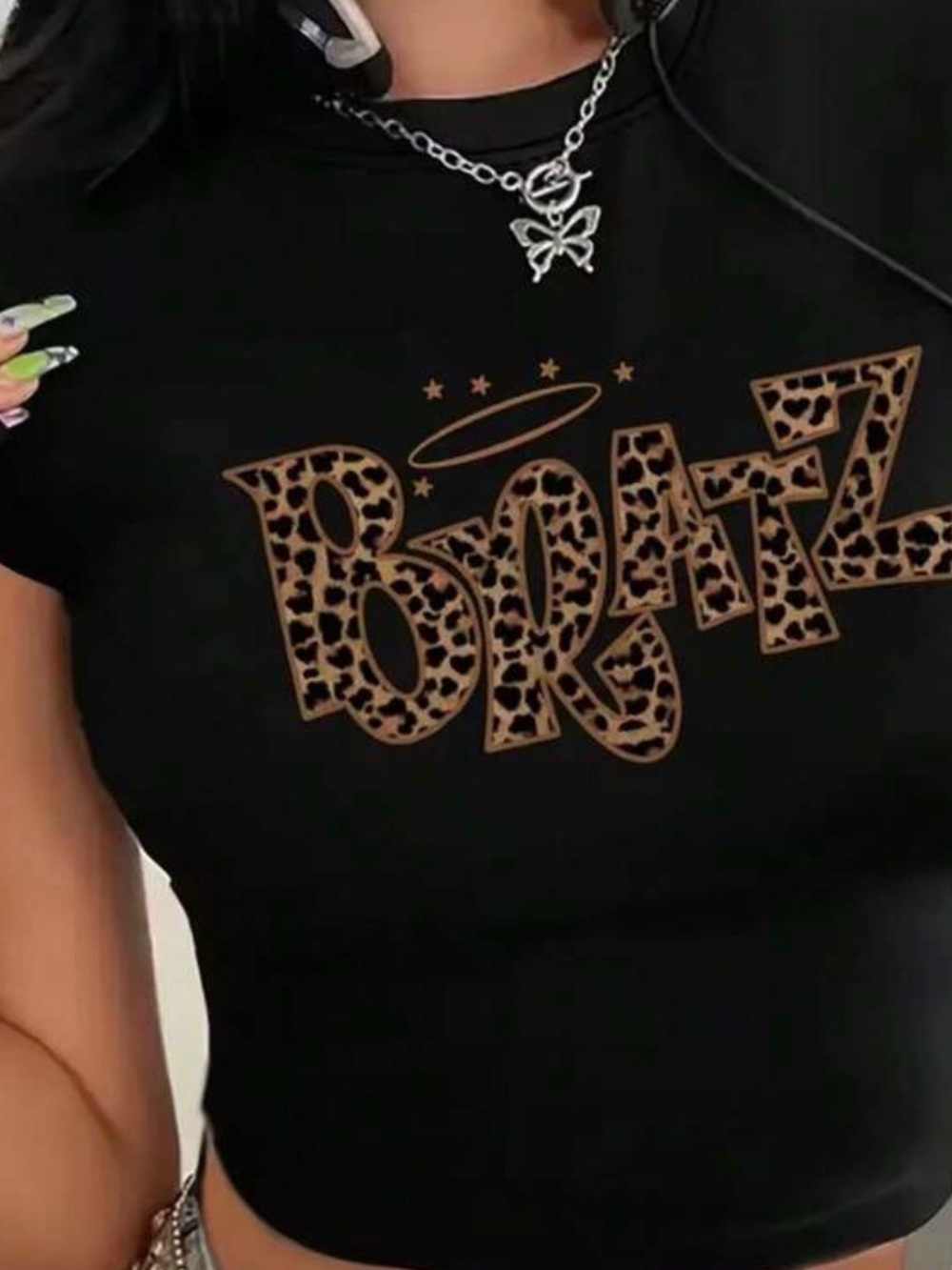 Leopard Script Graphic Crop Tee - Black